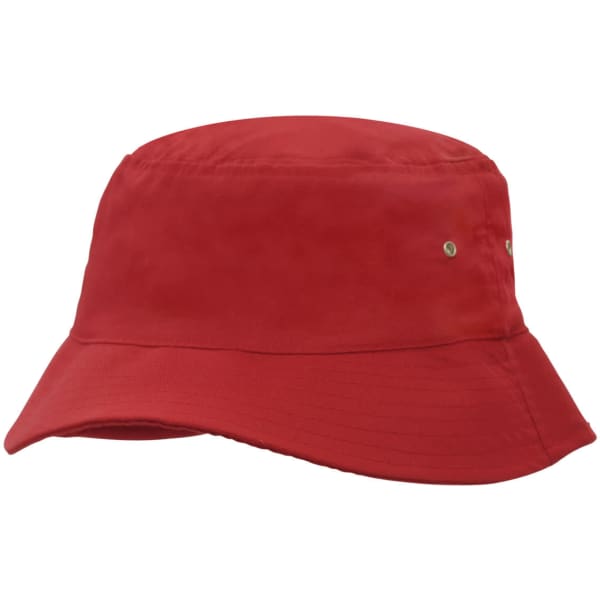 A red brushed sports twill bucket hat featuring a wide brim and metallic accents.