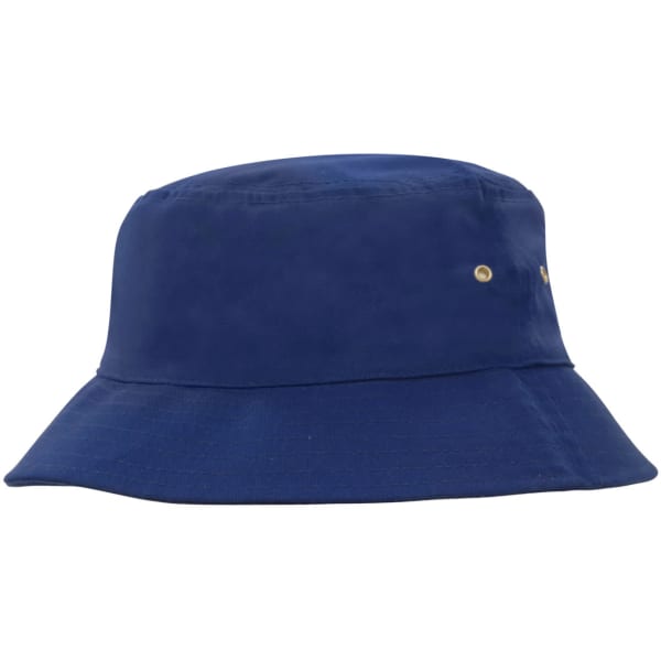 A blue brushed sports twill bucket hat with a wide brim and a logo.