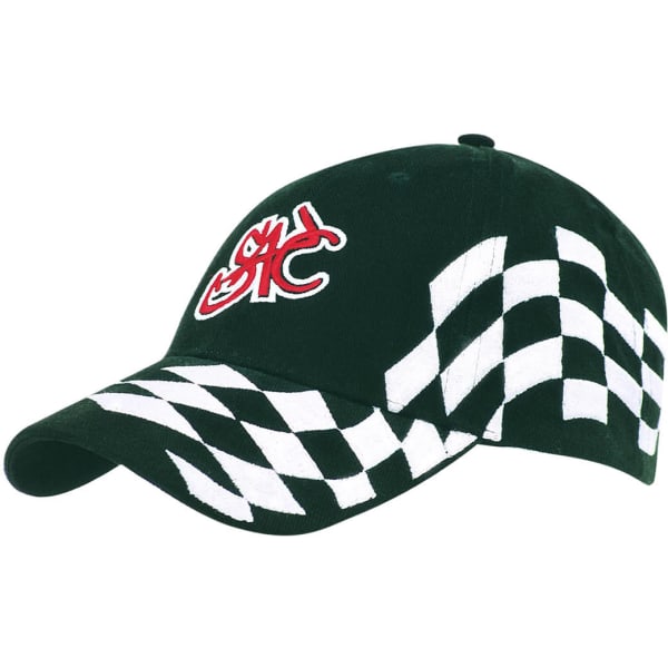 A black cap featuring white check patterns and an embroidered logo on the front.