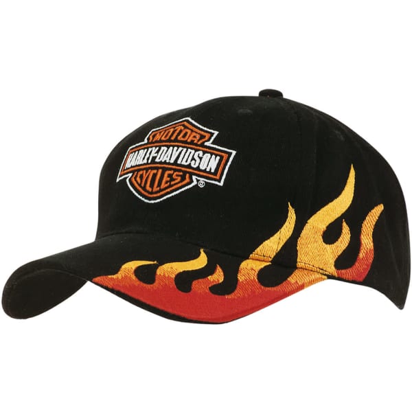 A black cap with flame embroidery in red and yellow, featuring a logo on the front.