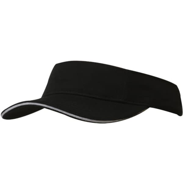 A black brushed heavy cotton visor with a contrasting trim along the edge. Features a logo on the front.
