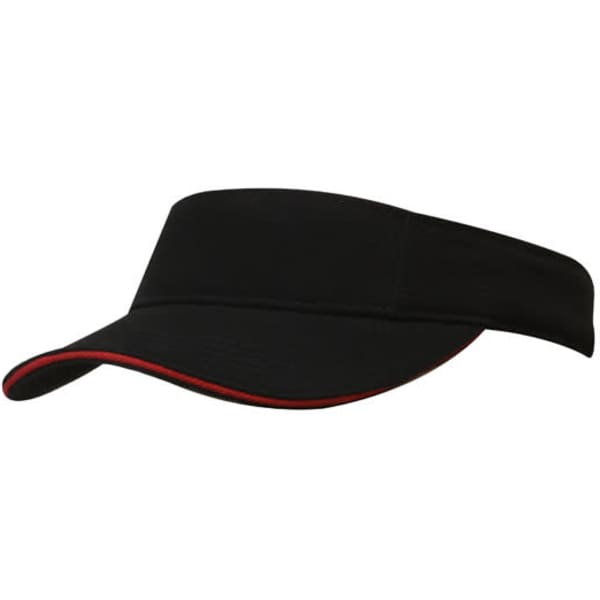 A black visor with a red trim, featuring a wide brim and a comfortable band, and includes a logo.