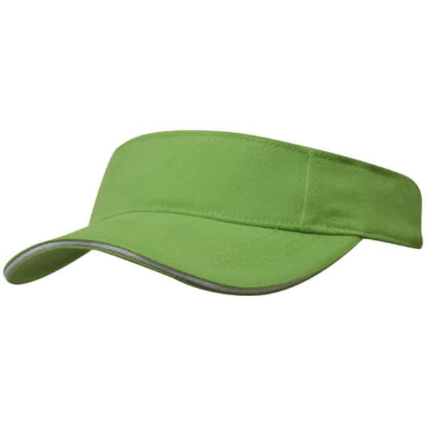 A green brushed heavy cotton visor with a wide brim and contrasting trim. It features a branding logo on the side.
