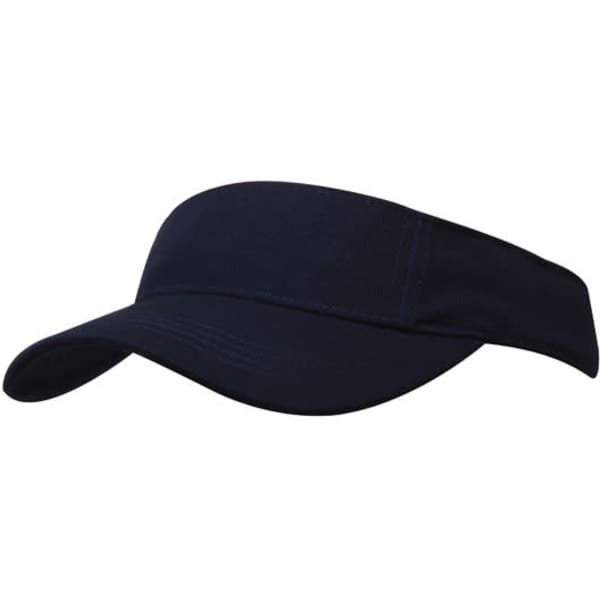 A navy blue heavy cotton visor with a wide brim and a fitted design. It features a logo on the front.