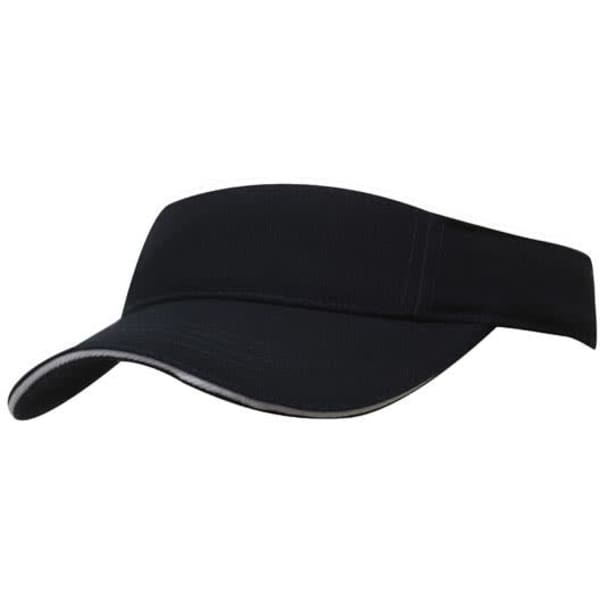 A black brushed heavy cotton visor with a contrasting trim along the brim. Features a simple logo on the design.