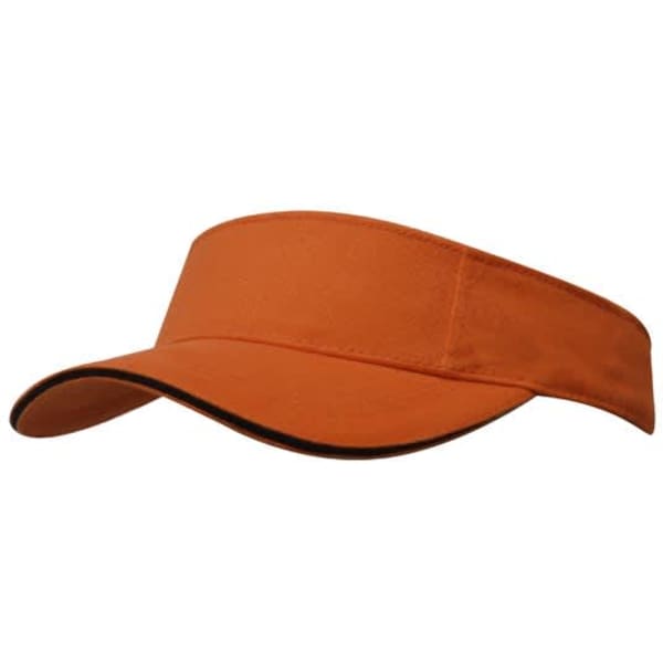 An orange brushed heavy cotton visor with a sleek design and a contrasting trim. It features a logo on the side.