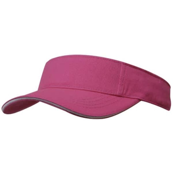 A pink brushed heavy cotton visor with a contrasting trim and a logo on the side.