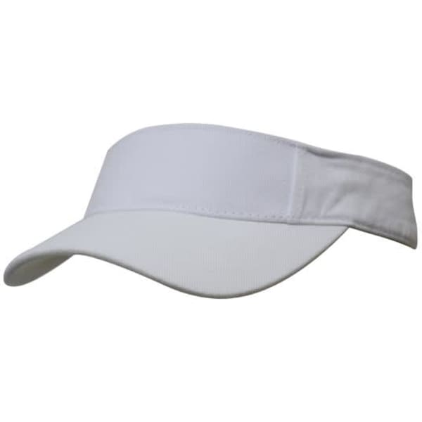 A white brushed heavy cotton visor with an adjustable strap and a curved brim, featuring a logo on the side.
