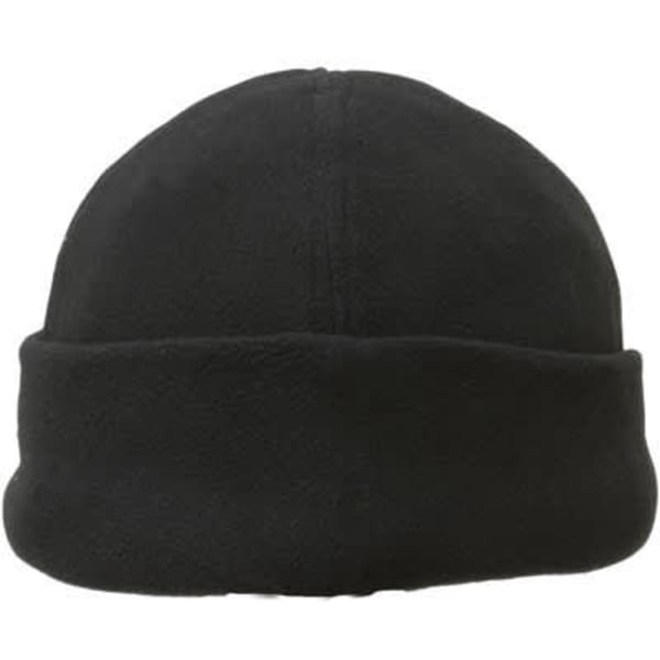 A black micro fleece beanie with a foldable cuff design, featuring a logo on the front.