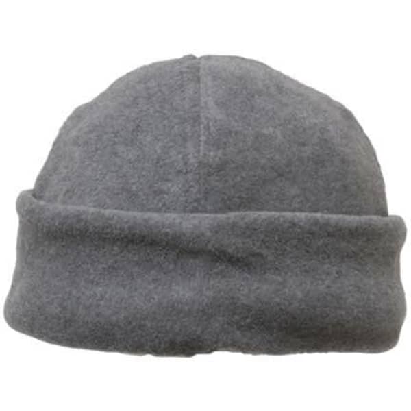 A grey micro fleece beanie with a rolled cuff, featuring a logo on the side.