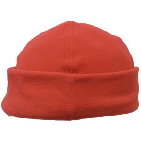 A red micro fleece beanie with a folded cuff and a smooth surface, featuring a small logo.