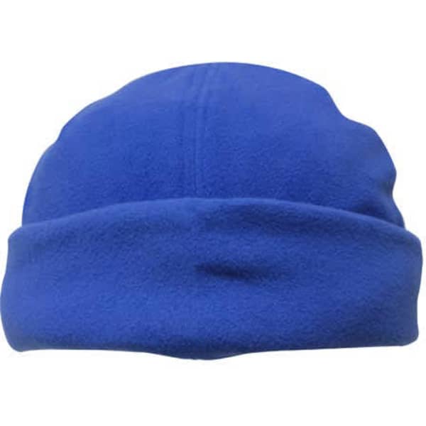 A blue micro fleece beanie with a rolled cuff and a soft texture, featuring a logo.