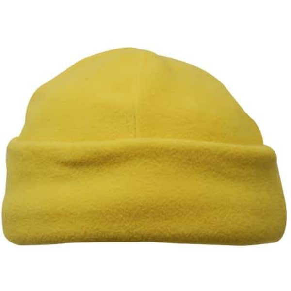 A yellow micro fleece beanie with a rolled cuff and a simple design, featuring a brand logo.