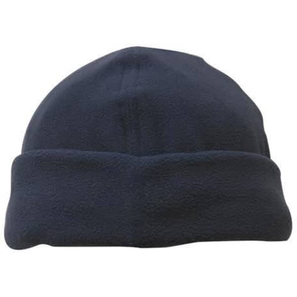 A navy micro fleece beanie with a folded cuff and a plain design. It features a logo on the side.