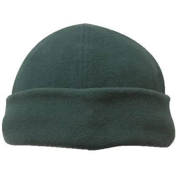 A green micro fleece beanie with a folded brim and a smooth texture, featuring a logo on the side.