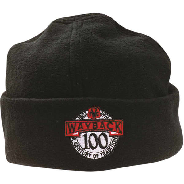 A black micro fleece beanie with a logo featuring the words 