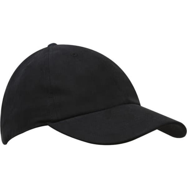 A black water-resistant cap with a curved brim and an adjustable strap, featuring a logo.