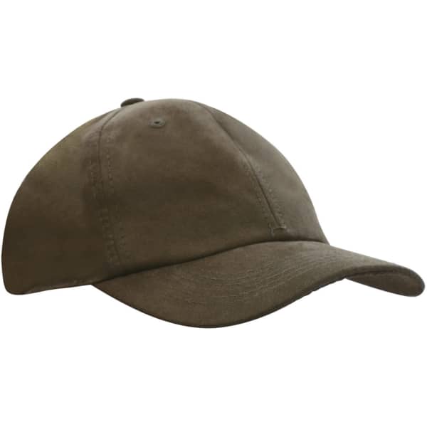 A water-resistant polynosic cap in olive green, featuring a curved brim and an adjustable fit.
