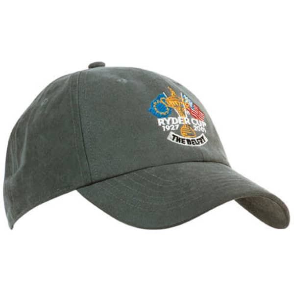 A dark green cap with an embroidered design, featuring a logo and text on the front.