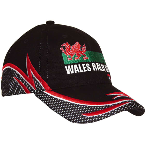 A black cap featuring a red dragon design and a green and black band, with mesh accents and branding.