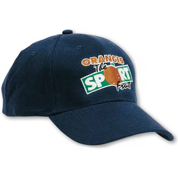 A navy baseball cap with an embroidered logo and text design. It features a curved brim and adjustable strap.