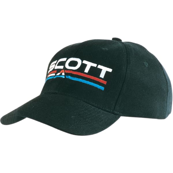 A black cap featuring a logo in white, red, and blue, with a curved brim and adjustable back.
