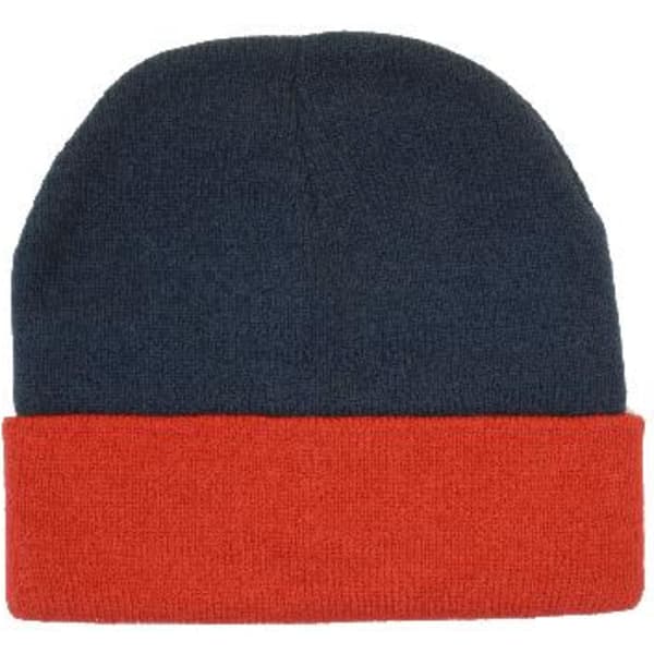 A beanie featuring a navy top and an orange cuff, made from acrylic material with a logo.
