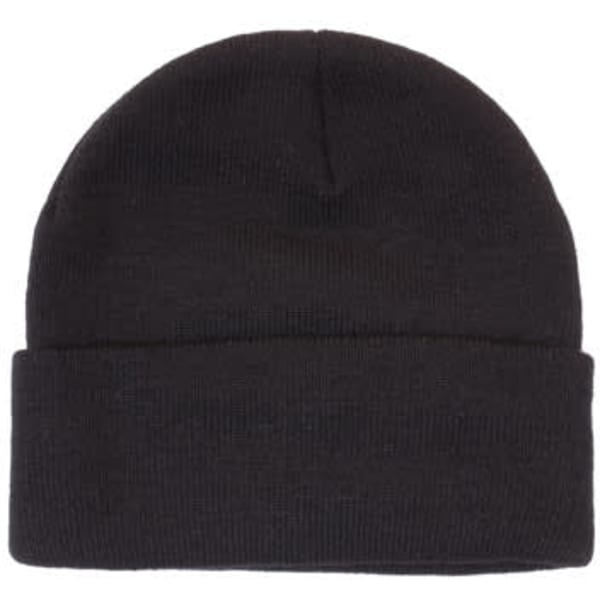 A black acrylic beanie with a fold-up cuff and Thinsulate lining, featuring a logo.