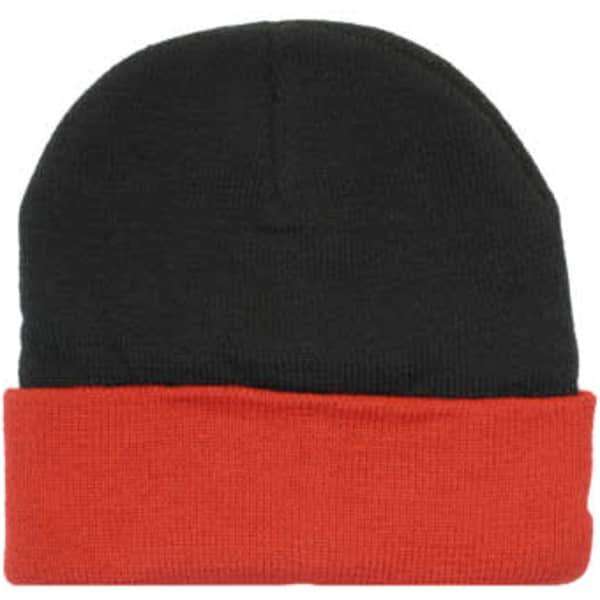 A black and red acrylic beanie with a turned-up brim, featuring a logo on the side.
