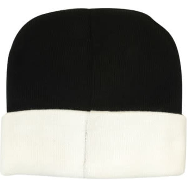 A black beanie with a white folded brim. The product has a logo on it.
