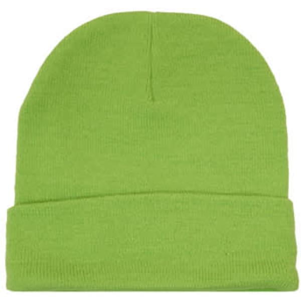 A bright green acrylic beanie with a folded cuff, featuring a branding logo.