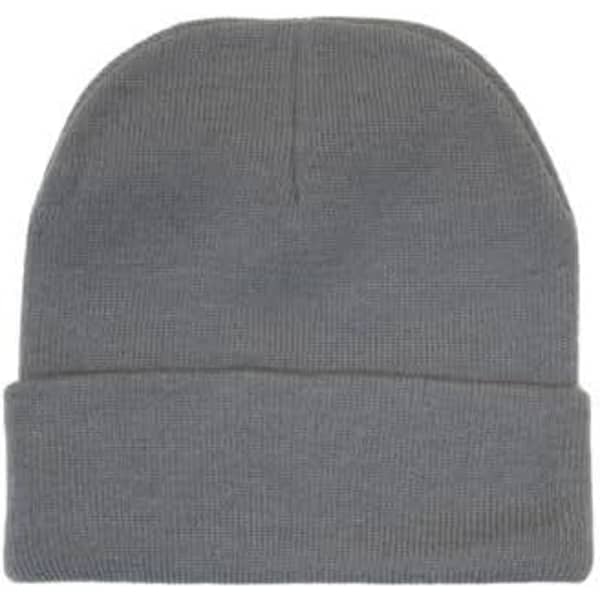A grey acrylic beanie with a folded cuff, featuring a logo on the side.
