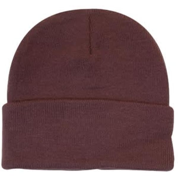 A brown acrylic beanie with a rolled brim. The beanie has a smooth texture and minimalistic design.