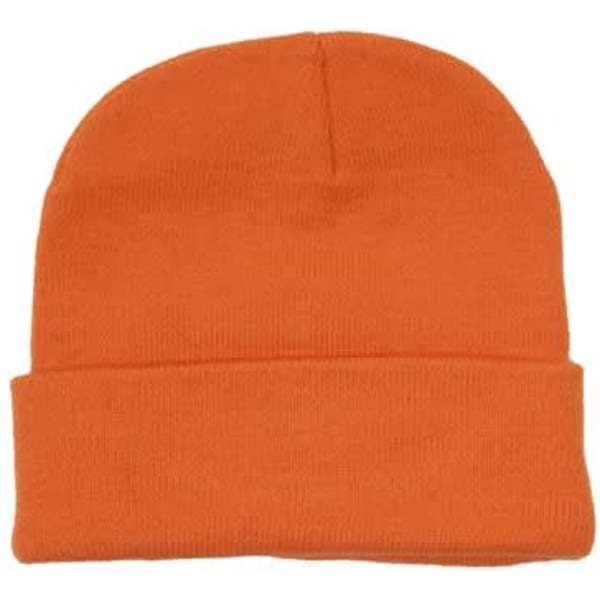 An orange acrylic beanie with a folded cuff, featuring a simple design and a logo.