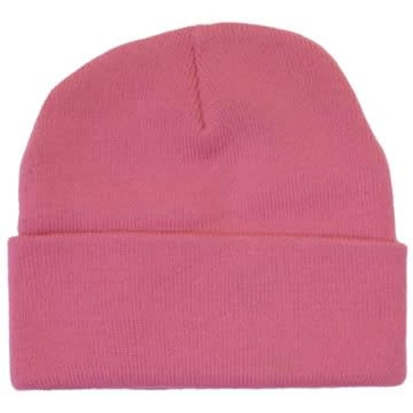 A pink acrylic beanie featuring a folded cuff. The product has a logo on it.