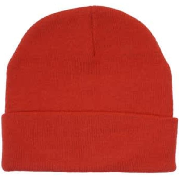 A red acrylic beanie with a folded brim, featuring a logo on the side.