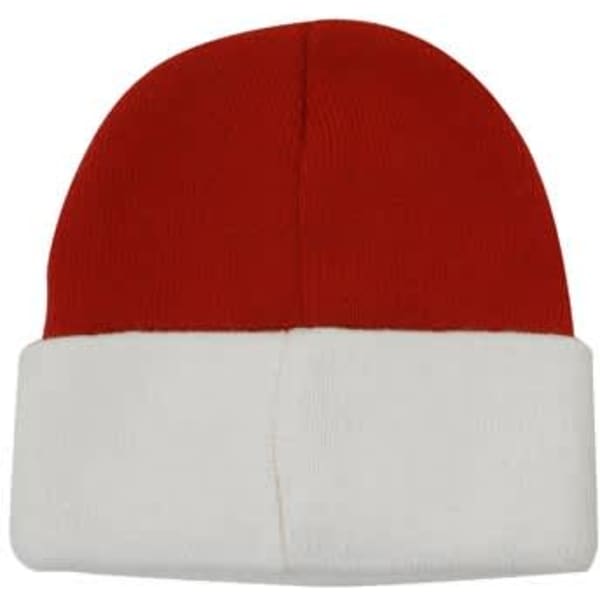 A red beanie with a white folded cuff, featuring a logo on the side.