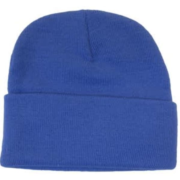 A blue acrylic beanie with a rolled cuff and a smooth texture, featuring a logo.