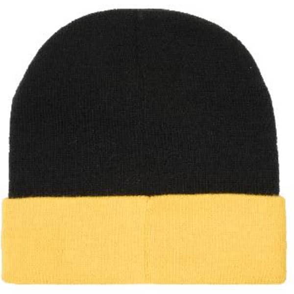 A black and yellow acrylic beanie with a folded cuff, featuring a logo.