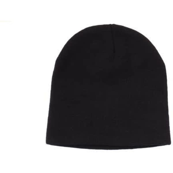 A black rolled down acrylic beanie with a smooth, minimalist design and a small logo on the side.