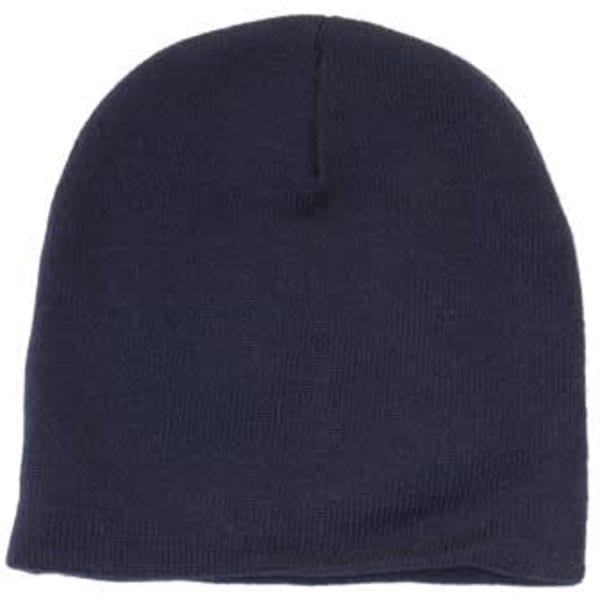 A rolled down acrylic beanie in a dark navy colour, featuring a simple, unadorned design.