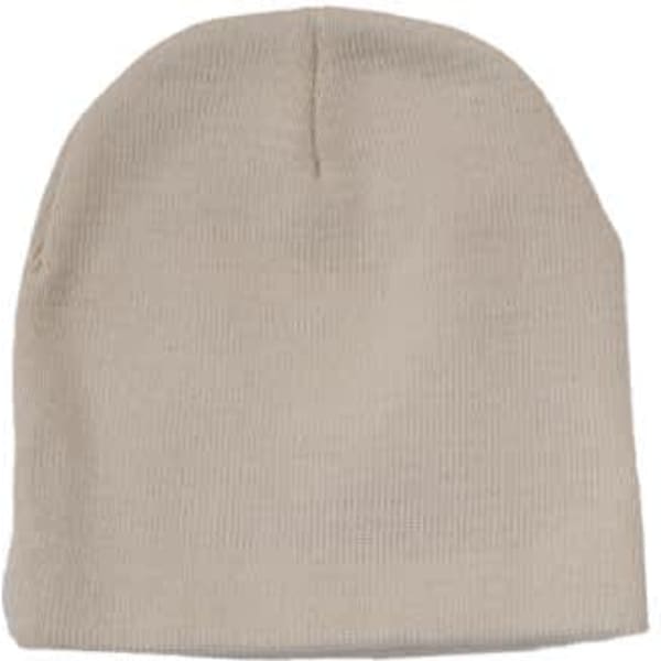 A rolled down acrylic beanie in a light beige colour, featuring a simple design and a branded logo.