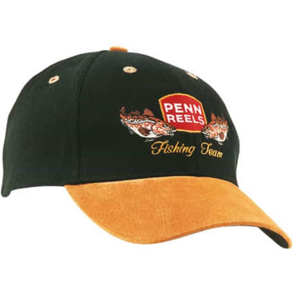 A black and orange cap featuring an embroidered logo and fish graphics, with a suede peak. It has a branding logo.