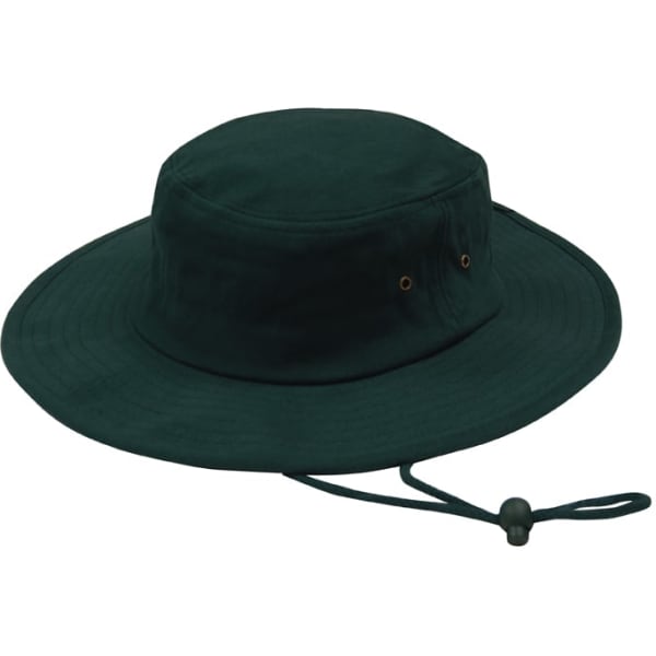A dark green brushed heavy cotton hat with a wide brim and adjustable chin strap. Features a small logo.