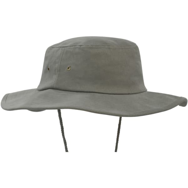 A brushed heavy cotton hat in a muted olive colour with a wide brim and chin strap, featuring a logo.