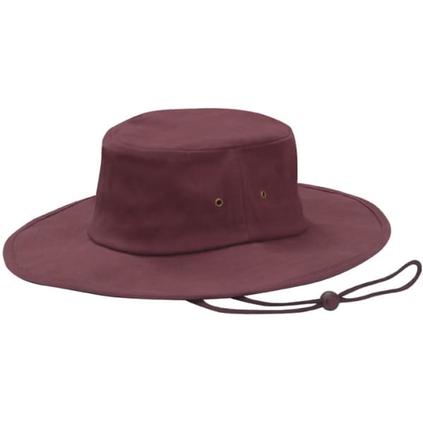 A maroon brushed heavy cotton hat with a wide brim and a drawstring. It features eyelets for ventilation.