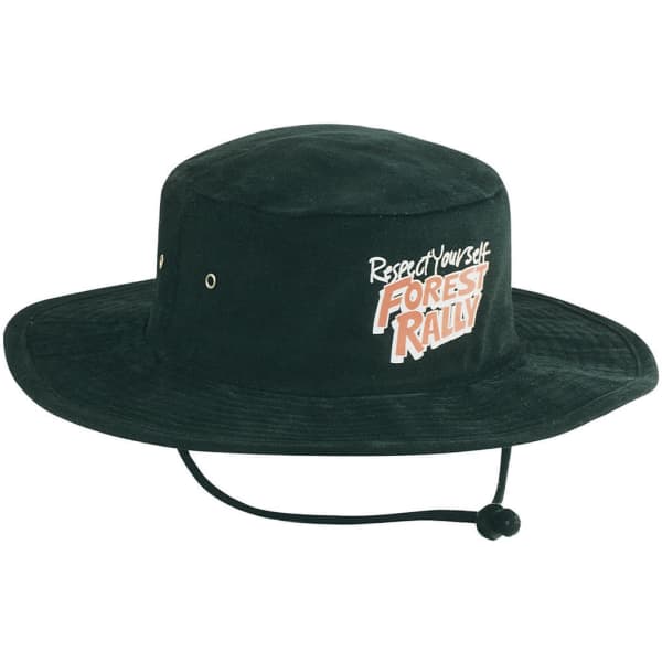 A black brushed heavy cotton bucket hat with a logo on the side and an adjustable chin strap.