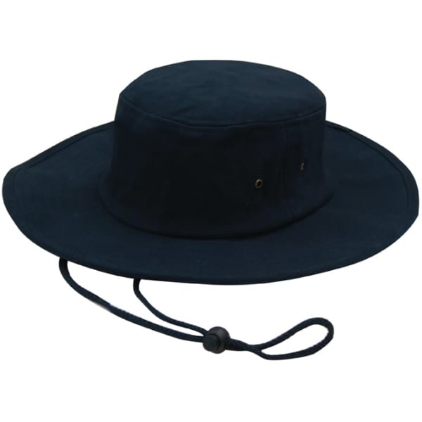 A navy brushed heavy cotton hat with a wide brim and a drawstring. Features small ventilation eyelets and a logo.