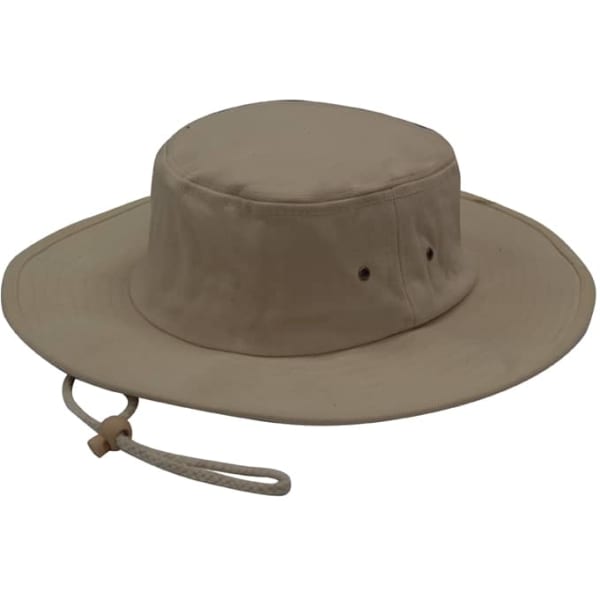 A beige brushed heavy cotton hat with ventilation holes and a chin strap. It has a round crown and wide brim.