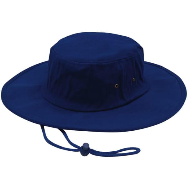 A navy blue brushed heavy cotton hat with a wide brim and adjustable chin strap. It features ventilation eyelets.